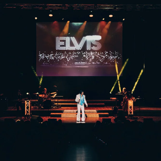 A Vision of Elvis on stage with the live band and concert lighting